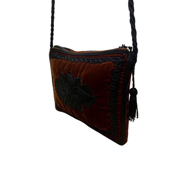 Women’s Orange & Black Velvet Embroidered Tassel Zipper Strap Crossbody Purse - Picture 3 of 9